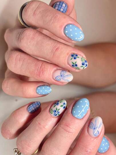 24 piezas de uñas postizas lindas de primavera/verano, diseño de lunares, moños, cuadros de arándanos azules, adecuadas para la decoración diaria de las mujeres