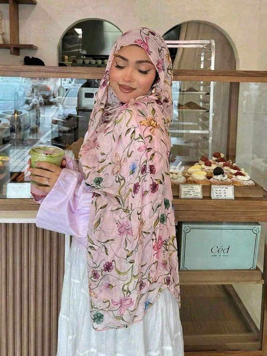 1pc Printed Hijab, Fashionable Elegant Minimalist Fresh Women Scarf, Lightweight Headscarf Suitable For Daily Wear And Prayer (For Abaya),Beach,Holiday,Accessories,Travel Essential - 01-white - View 1