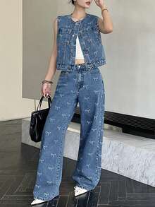 女士甜美蝴蝶结印花牛仔背心，韩版 - 中等水洗藍 - 查看 3