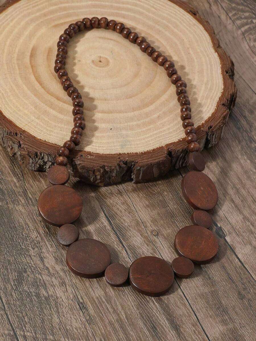 1pc Vintage Handmade Beaded Wooden Disc Elastic Necklace, Single Layer Sweater Chain Necklace For Men & Women - Coffee Brown - View 1