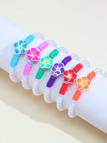 6件套软陶花朵珍珠串珠手链套装，适合女孩日常佩戴、参加派对、生日礼物 - 彩色 - 查看 5