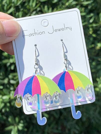 1 Pair Spring Rainbow Umbrella Earrings, Acrylic Rainbow Umbrella Face + Colorful Water Drop Design, Unique Rainy Day & Spring Outfit Accessory For Women