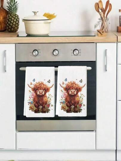 2条水彩花卉农舍风格厨房毛巾，吸水性强，适用于浴室、餐厅、餐具擦干