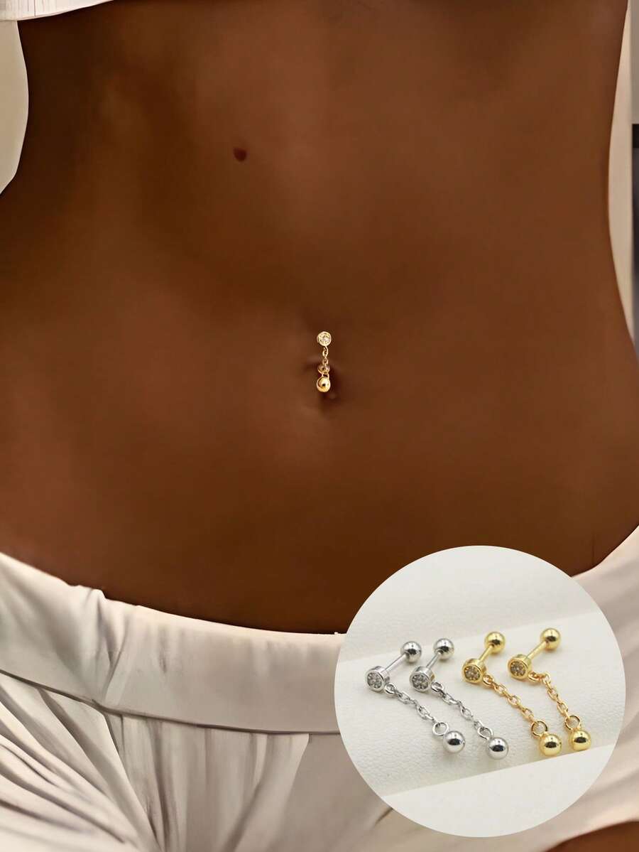 1pc S925 Sterling Silver Zirconia Ball Chain Navel Piercing, Minimalist Personalized Navel Piercing, Body Piercing, Valentine's Day, Mother's Day, Gift For Mother - Single - View 1