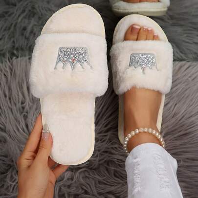 Thick Faux Fur Strap Indoor Slippers, Fashionable Non-Slip Luxury Home Slippers