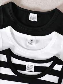 3件套少女时尚休闲简约夏季无袖背心，条纹印花，黑白配色，圆领，可爱马甲，运动风，百搭户外休闲假日礼物 - 彩色 - 查看 3