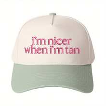 Women's Fun "I'm More Beautiful After Tanning" Trucker Hat - Adjustable Snapback Cap, Beige And Navy Blue Two-Tone Design, Lightweight And Non-Elastic, Suitable For The Beach, Gym, And Everyday Wear - Casual Fashion Accessory, Beach Hat, Gym Hat, Fun Text Design, Embroidered Details, Summer Headwear, Stylish Headwear, Breathable Fabric, Personalized Hat, Women's - 黑色 - 查看 1