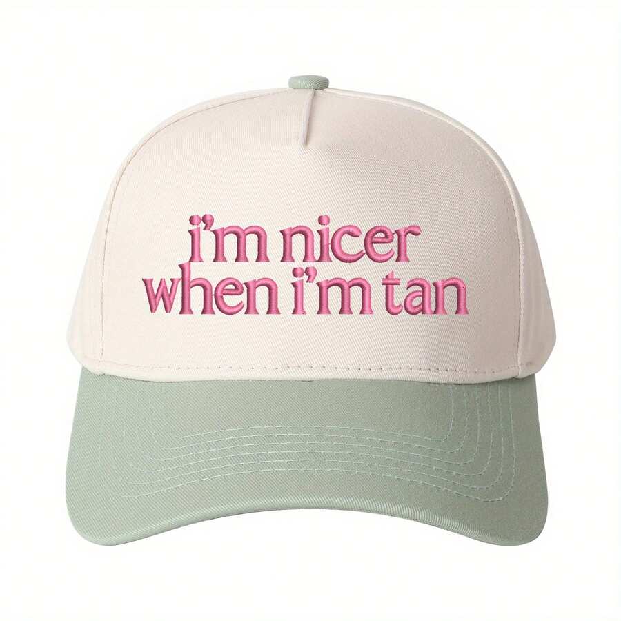 Women's Fun "I'm More Beautiful After Tanning" Trucker Hat - Adjustable Snapback Cap, Beige And Navy Blue Two-Tone Design, Lightweight And Non-Elastic, Suitable For The Beach, Gym, And Everyday Wear - Casual Fashion Accessory, Beach Hat, Gym Hat, Fun Text Design, Embroidered Details, Summer Headwear, Stylish Headwear, Breathable Fabric, Personalized Hat, Women's - 黑色 - 查看 1