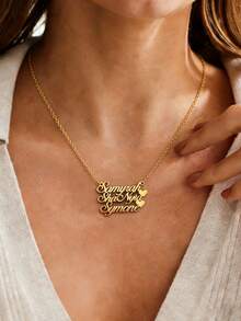 定制不锈钢1-5人姓名家庭项链，个性化字母和心形吊坠铭牌，生日、情人节、母亲节的理想礼物，日常佩戴，夏季海滩度假女士珠宝，送礼和派对场合的完美之选 - 金色 - 查看 9