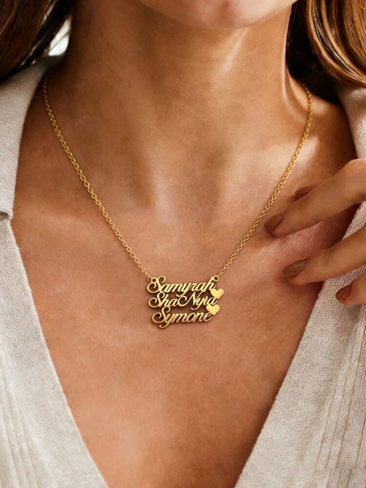 Customized Stainless Steel 1-5 Name Family Necklace, Personalized Letter & Heart Pendant Nameplate, Ideal Gift For Her Birthday, Valentine's Day, Mother's Day, Daily Wear, Summer Beach Vacation Jewelry For Women, Perfect For Gifting And Party Occasions - Gold - View 9