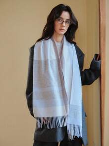 1条100%羊毛蓝色格子围巾，女士高品质冬季披肩，新款防寒保暖围脖，生日礼物 - 藍色 - 查看 2