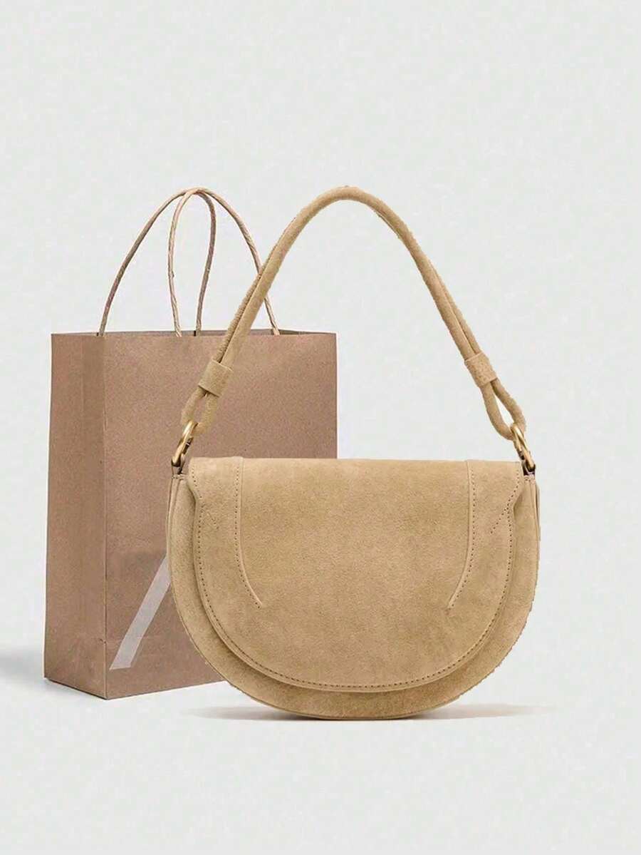 ZA New Autumn Women's Burgundy Saddle Bag, Contrast Stitching Design, Handheld/Shoulder/Crossbody Hard Cover Flap Bag - Khaki - View 1