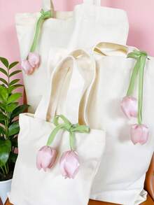 Set de 1/3/5/10 piezas de bolsas de lona con estampado de tulipanes en diferentes tamaños (mini/S/M/L) para regalo, fiesta de boda, dama de honor, fiesta de primavera, suministros para fiestas a granel, bolsa de agradecimiento, bolsa de lona reutilizable, bolsa de compras diaria en colores pastel - Beis - Ver 12