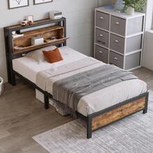Metal Bed, Junior Bed, Single Bed 90 X 200 Cm With Storage Headboard And Metal Slatted Base, Children's Bed, Metal Bed Frame, Bed Frame For Adults, Children, Teenagers, Black Industrial Bed - Camel - View 3