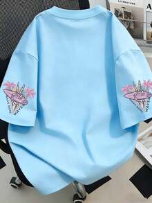 Women's Summer Palm Tree Letter Print Round Neck Short Sleeve Casual T-Shirt Graphic Tees Women Tops - Baby Blue - View 2