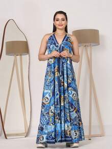 Dress, Random Print, Fabric, Backless / Bare Back, Beach - Golden Blue - View 1