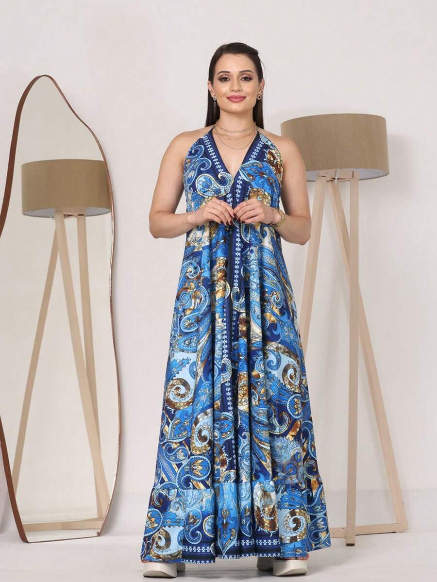 Dress, Random Print, Fabric, Backless / Bare Back, Beach - Golden Blue - View 1
