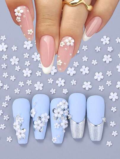 קישוטי ציפורניים לבנים בצבעי עלי כותרת, חרוזי פרחים בגדלים מעורבים עם אביזרי חרוזי פלדה, קישוט ציפורניים יפני חמוד, קישוט ציפורניים אביבי, ציוד לסלון ציפורניים עשה זאת בעצמך