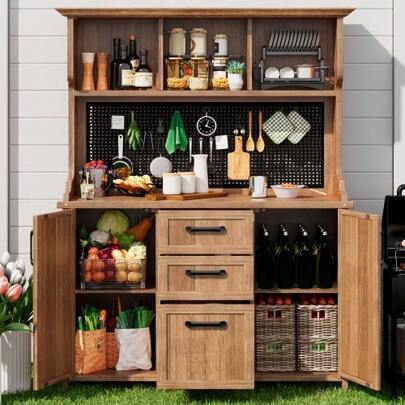 Wooden Garden Cabinet, Garden Tool Cabinet Made Of Solid Fir Wood – Freestanding Cabinet With 3 Drawers, 3 Compartments, Metal Pegboard And Adjustable Shelves, For Terrace, Balcony