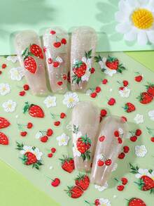 SWEET TREND 2张5D雏菊草莓美甲贴纸，白色花瓣，红色樱桃，草莓藤蔓，瓢虫，蜜蜂，春夏花卉，水果，动物图案，DIY Y2K卡通自粘美甲贴花 - 彩色 - 查看 8