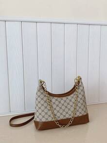 Luxury Retro Printed Commuter Chain Shoulder Bag, New Hobo Crossbody Bag For Women, Ample Capacity For Daily Commute And Shopping - Khaki - View 6