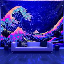 1pc Japanese Style Sea Wave- Glow In The UV Light Banner Tapestry, Large Size Peach Skin Fluorescent Printing Tapestry, Bedroom Hanging Tapestry For Party Festival, Bedroom Home Decor, Fabric Wall Decoration With Free Accessories - 1PC - 查看 1
