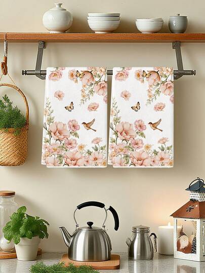 2Pcs Watercolor Floral Farmhouse Kitchen Towels, Vintage Spring/Summer Floral Birds Peony Hydrangea Daisy Butterfly Farm Decor Dishcloth Holiday Party Supplies Handkerchiefs Suitable For Kitchen, Dining Room, And Dining Table