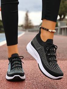 Zapatillas de plataforma de primavera para mujer con decoración de diamante de imitación, minimalistas, versátiles, casuales, cómodas y ligeras para el campus y el uso diario - Negro - Ver 5