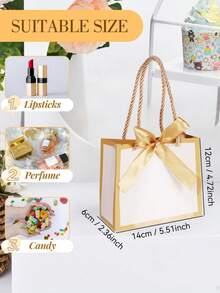 10pcs/Set Small White & Gold Gift Bags With Ribbon Bow - Size: 14X12X6cm, With Handle Rope, Suitable For Thank You Gifts, Wholesale Packaging, Baby Shower, Bridal Party, Wedding, Party Favors, Valentine's Day And Other Occasions - Phnom Penh + Gold Ribbon - View 4