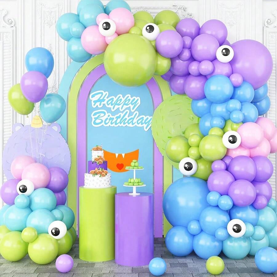104件套粉蓝气球拱门套装，包含蓝色、绿色、粉色、紫色乳胶气球，适用于生日派对、小怪兽主题、怪兽公司主题、摄影背景。 - 彩色 - 查看 1