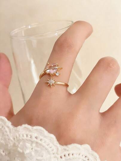 1 chiếc nhẫn hình trái tim đính đá hồng, trang sức thời trang tối giản, thanh lịch, sang trọng, đa năng, phù hợp để đeo hàng ngày, hẹn hò, sinh nhật, lễ đính hôn, làm quà tặng cho bạn gái.