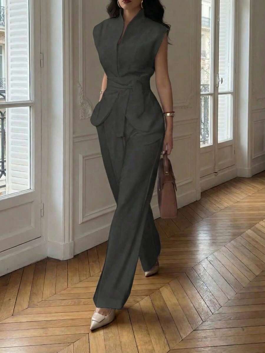 两件套优雅休闲通勤商务职场法式系带无袖背心上衣+宽松阔腿裤两件套夏季套装 - 深灰色 - 查看 1