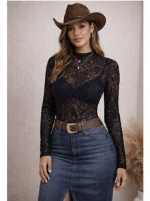 Women's Lace Bodysuit With Long Sleeves And High Neck - Sexy And Elegant Fall/Winter Collection. - 黑色 - 查看 3
