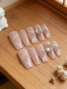 10pcs/Pack Japanese Style Nude Cat Eye Rhinestone Nail Art Stickers, Removable Nail Decals With Elegant Look - Multicolor - View 5