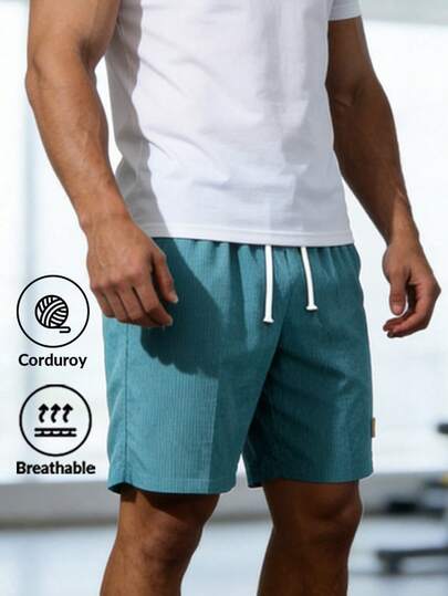 男士休闲灯芯绒短裤，弹性抽绳腰带，宽松版型，轻盈透气，侧边口袋，适合日常穿着和周末外出，夏季短裤