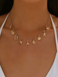 1件套创意海洋风夏季沙滩度假海星贝壳吊坠项链手链首饰套装，百搭日常佩戴 - 金黃色 - 查看 13