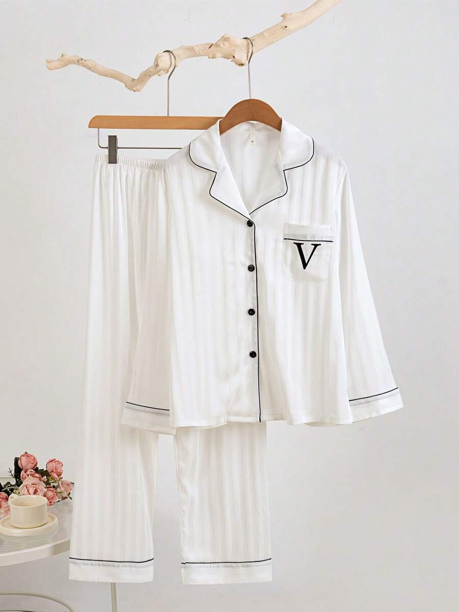2pcs White Women Striped Embroidered Silk Pajama Set, Lapel Long Sleeve Sleepwear - 白色 - 查看 1