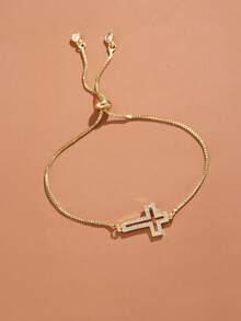 1pc Minimalist Copper Cubic Zirconia Paved Cross Women Bracelet - Yellow Gold - View 3