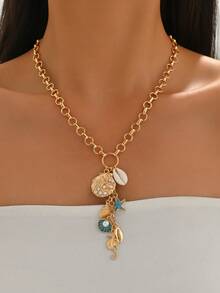 1件夏季海洋风海星、贝壳、海马吊坠项链，时尚沙滩度假女装首饰，手工制作，链长可调节，吊坠数量随机 - 彩色 - 查看 1