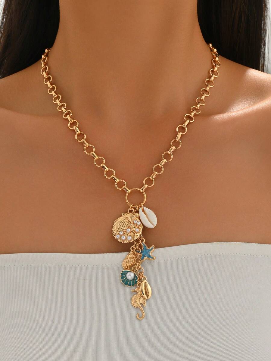 1件夏季海洋风海星、贝壳、海马吊坠项链，时尚沙滩度假女装首饰，手工制作，链长可调节，吊坠数量随机 - 彩色 - 查看 1