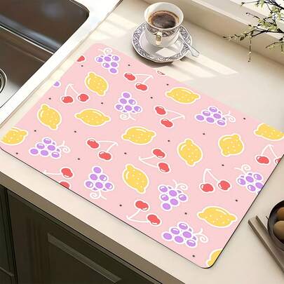 1片水果图案多用途吸水垫，涤纶防水台面保护垫，适用于厨房、餐桌装饰、餐具晾干、洗衣机、浴室水槽、厨房配件、派对用品