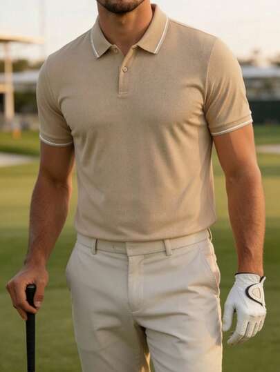 男士卡其色短袖 Polo 衫 - 白色撞色领口和袖口，修身版型，高尔夫及商务休闲上衣