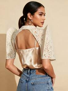 1pc Butterfly Sleeves Filipiniana Lace Cropped Top, Suitable For Festivals, Vacations, Dates, Travels, Spring/Summer - Champagne - View 6