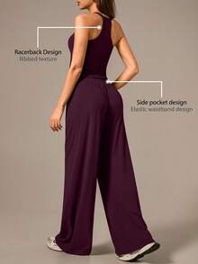 NcmRyu 1 Set Women Spaghetti Strap Ribbed Camisole And Wide Leg Pants Sports Suit - Purple - View 7