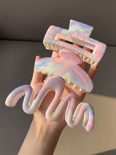 3pcs/Set Women's Minimalist Tie Dye Shell Square Wave Marble Texture Water Wave Hair Clips, Fashion Versatile Elegant Simplicity, Suitable For Daily, Casual, Party, Beach, Vacation, Hairstyling, Washing Face/Hair, Makeup, Outfit Accessories, Spring/Summer/Autumn/Winter