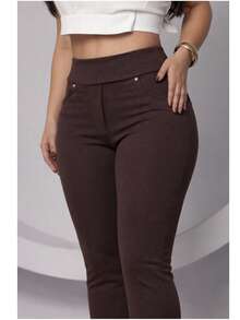 Women's Leggings With Pockets, High Waist, Riding Style, Roma Knit, Skinny - Óxido marrón - Ver 5