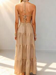 女士夏季沙滩度假连体系带露脐上衣和多层长裙两件套 - 卡其色 - 查看 5