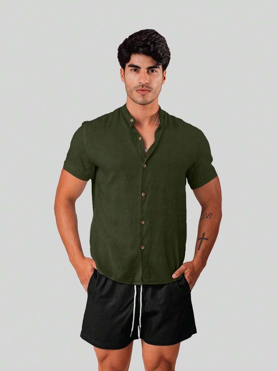 Men's Military Green Dress Shirt, Dunas Fabric (Similar To Linen), Short Sleeve, Mandarin Collar - Summer 2026 Shirt - Cool Shirt - Beachwear - 墨綠色 - 查看 1