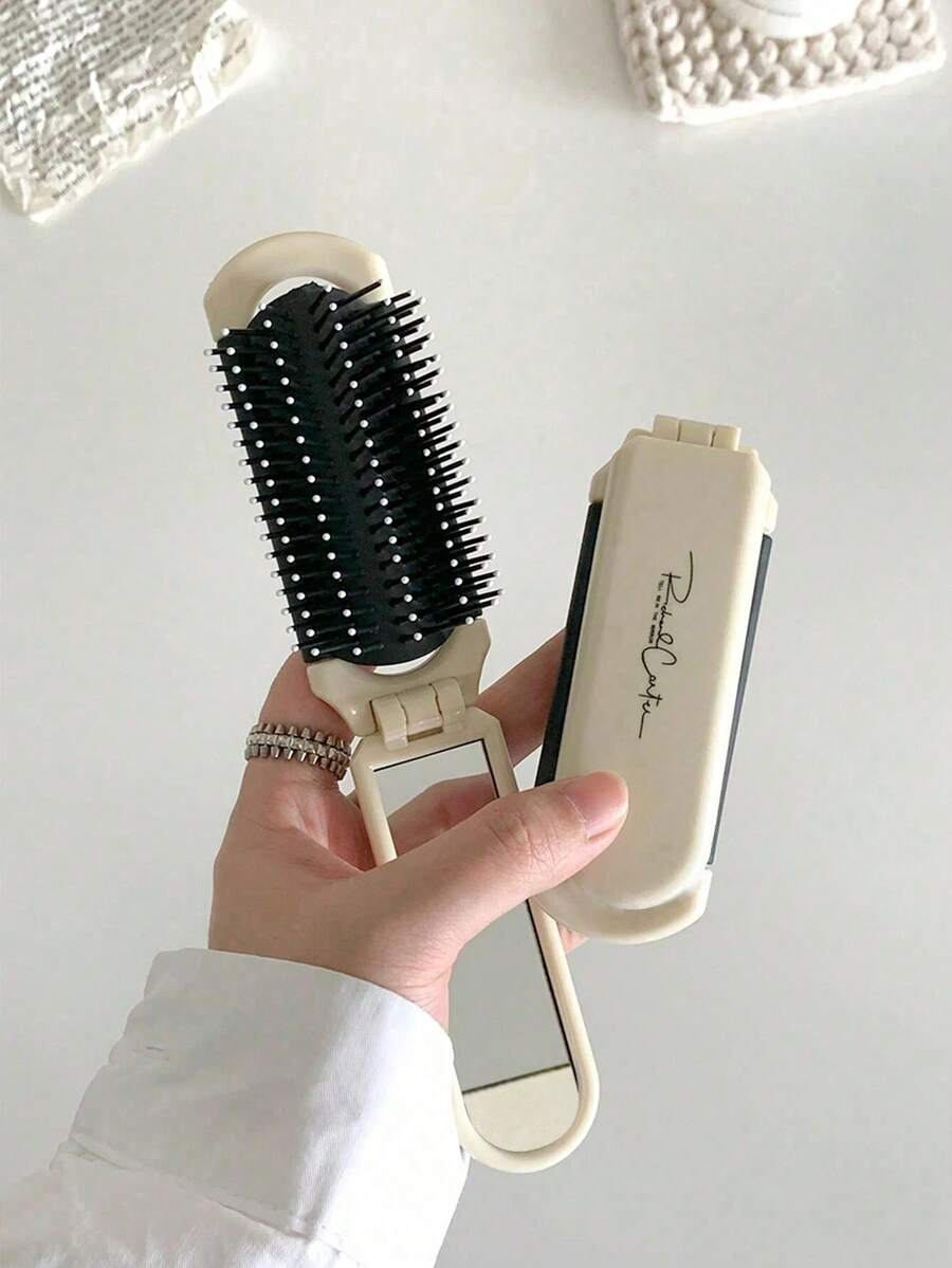 1pc White Foldable Comb With Built-In Mirror, Portable Travel Hair Brush, Easy Storage, Gift For Women, Hair Brush, Hair Clip, Hairdressing Tool, Hair Care Products And Accessories, Travel Essentials, Back To School, Holiday