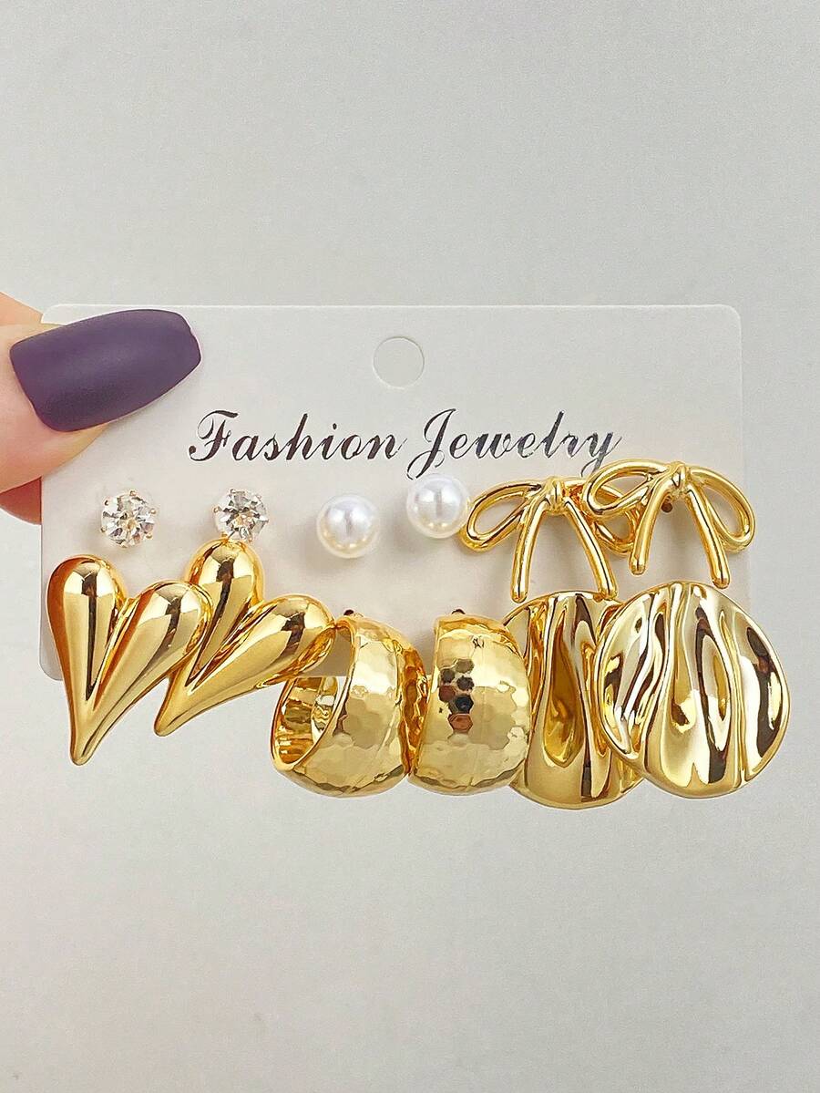 Set de 12 piezas de pendientes de clip con forma de corazón y lazo, de CCB brillante para mujeres - Plateado - Ver 1